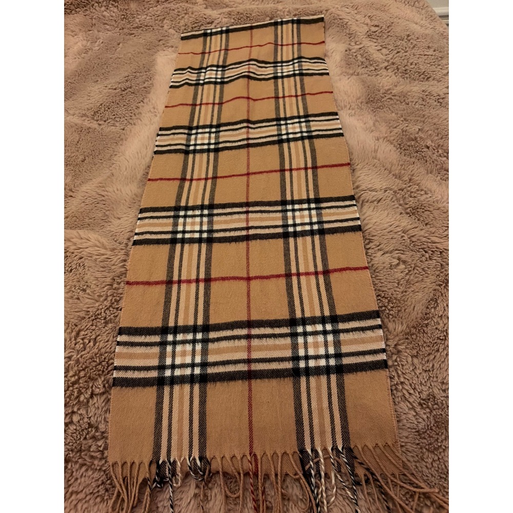 V. Fraas Cashmink Scarf Tan Plaid Check Acrylic Made in Germany Fringe Trim